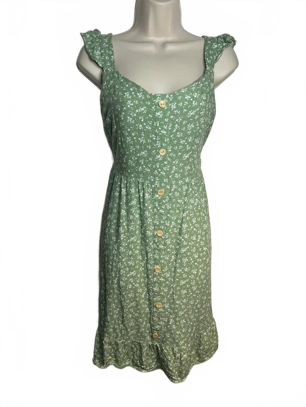 Monteau LA Dress XL Green Linen Blend Ditsy Floral Button Ruffle Mini